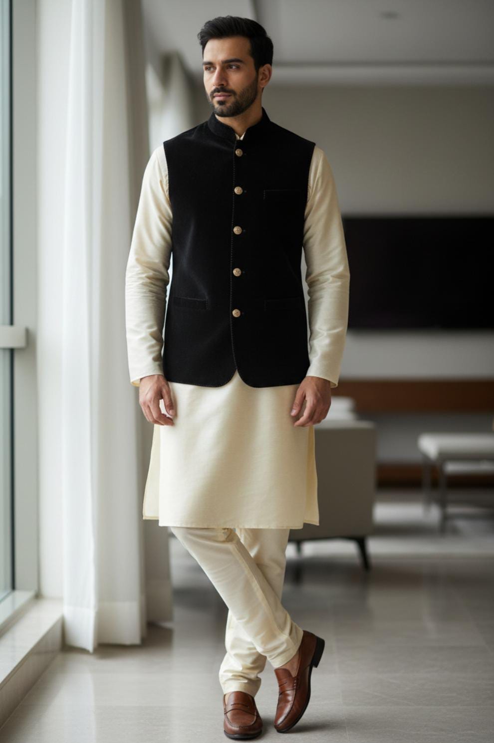 CREAM KURTA PAJAMA WITH ROYAL BLACK SWEAT WAISTCOAT