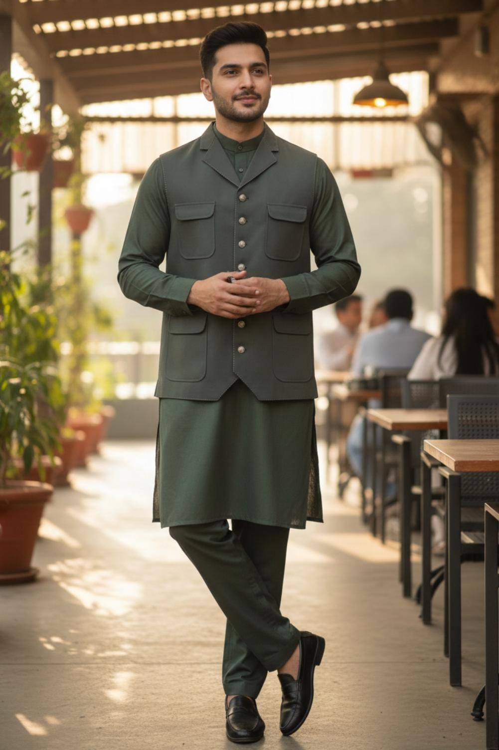 OLIVE GREEN FOUR POCKETS WAISTCOAT SUIT