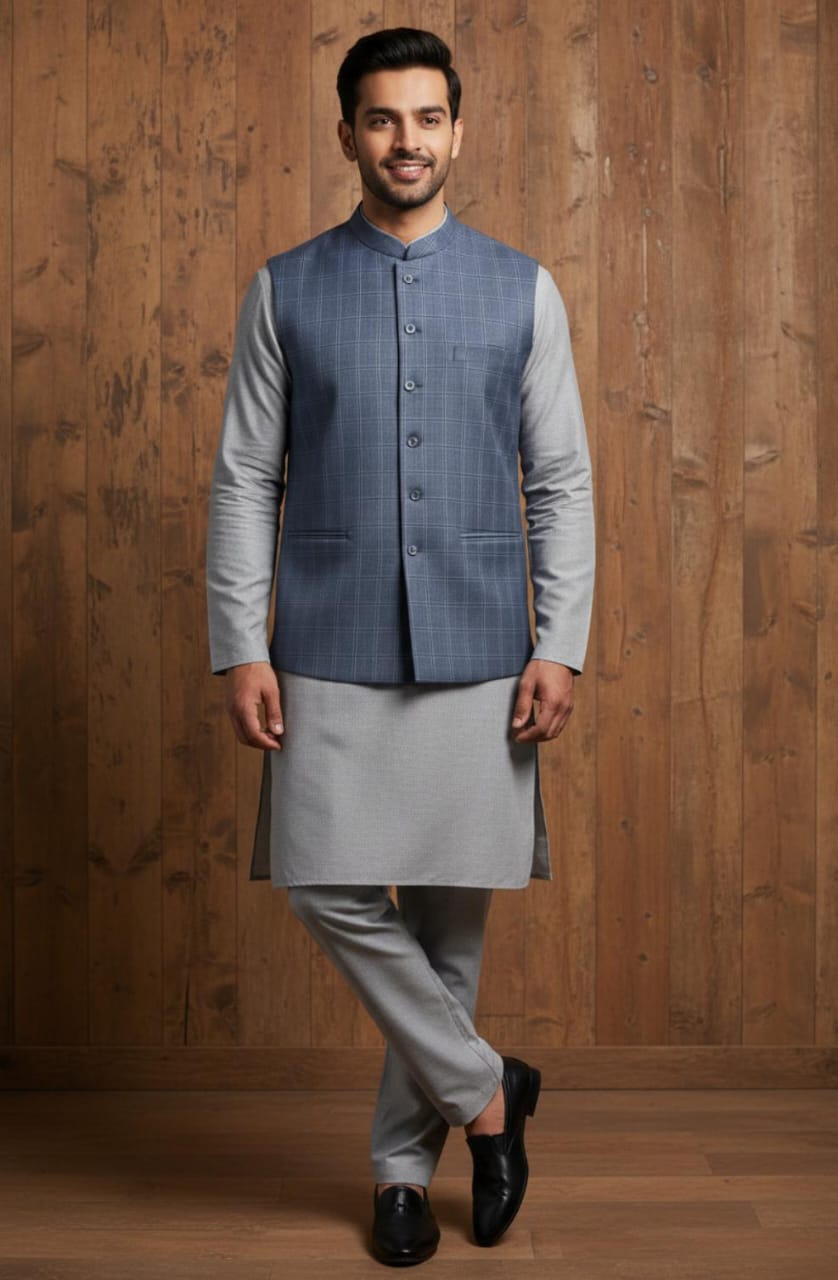 ELEGANT GREY KURTA PAJAMA WITH BLUE CHECK WAISTCOAT