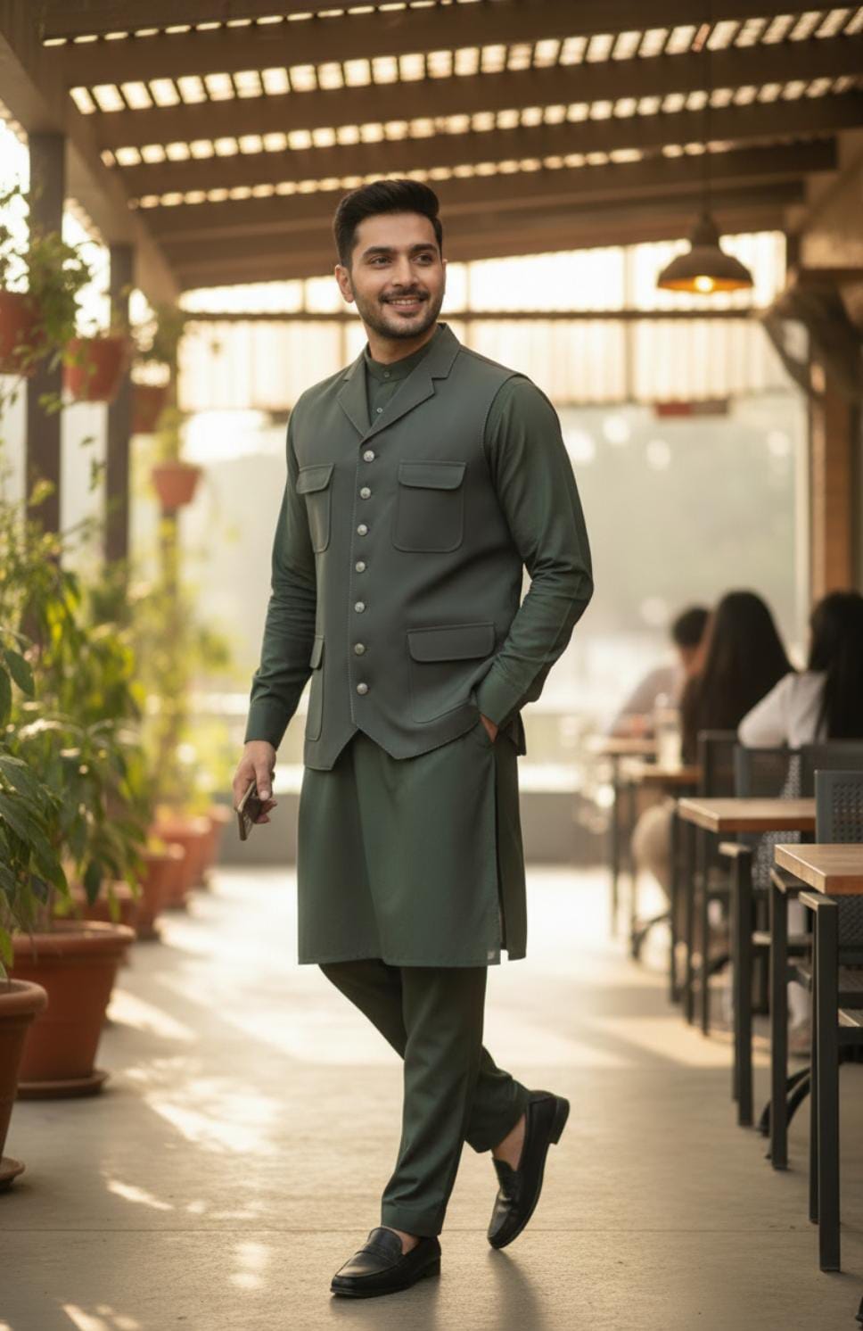 OLIVE GREEN FOUR POCKETS WAISTCOAT SUIT