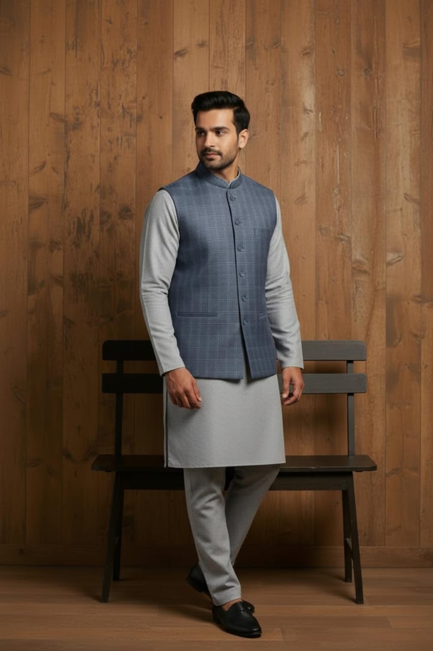 ELEGANT GREY KURTA PAJAMA WITH BLUE CHECK WAISTCOAT