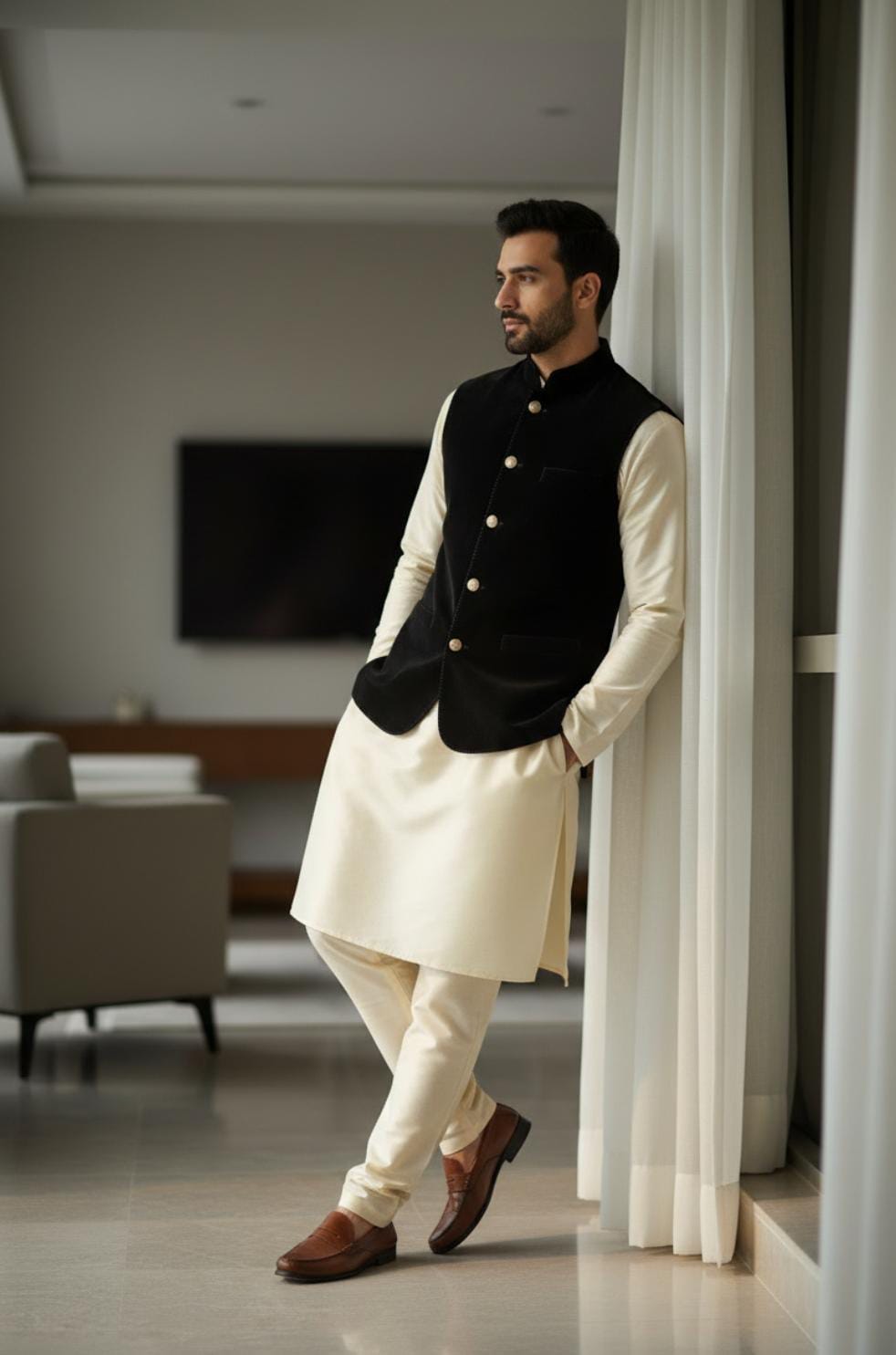 CREAM KURTA PAJAMA WITH ROYAL BLACK SWEAT WAISTCOAT