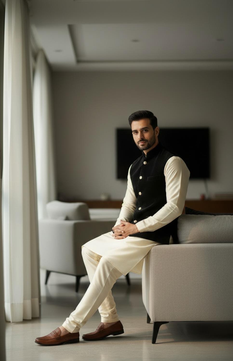 CREAM KURTA PAJAMA WITH ROYAL BLACK SWEAT WAISTCOAT