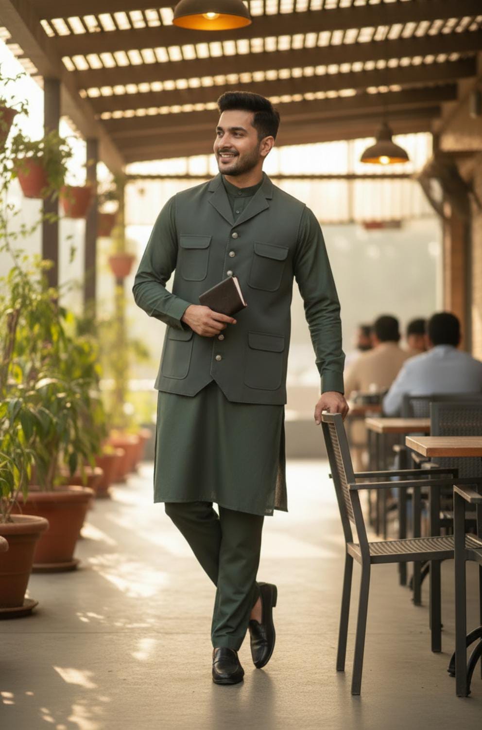 OLIVE GREEN FOUR POCKETS WAISTCOAT SUIT