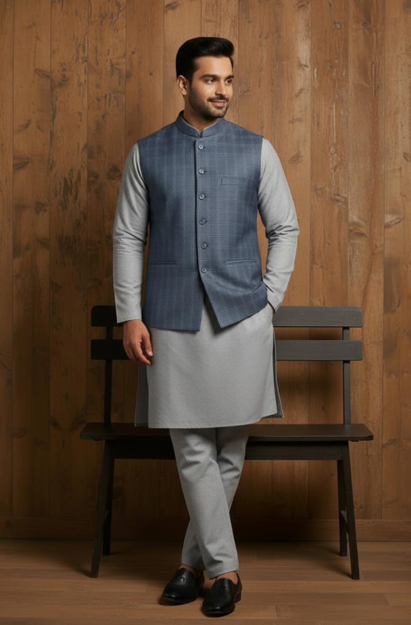 ELEGANT GREY KURTA PAJAMA WITH BLUE CHECK WAISTCOAT