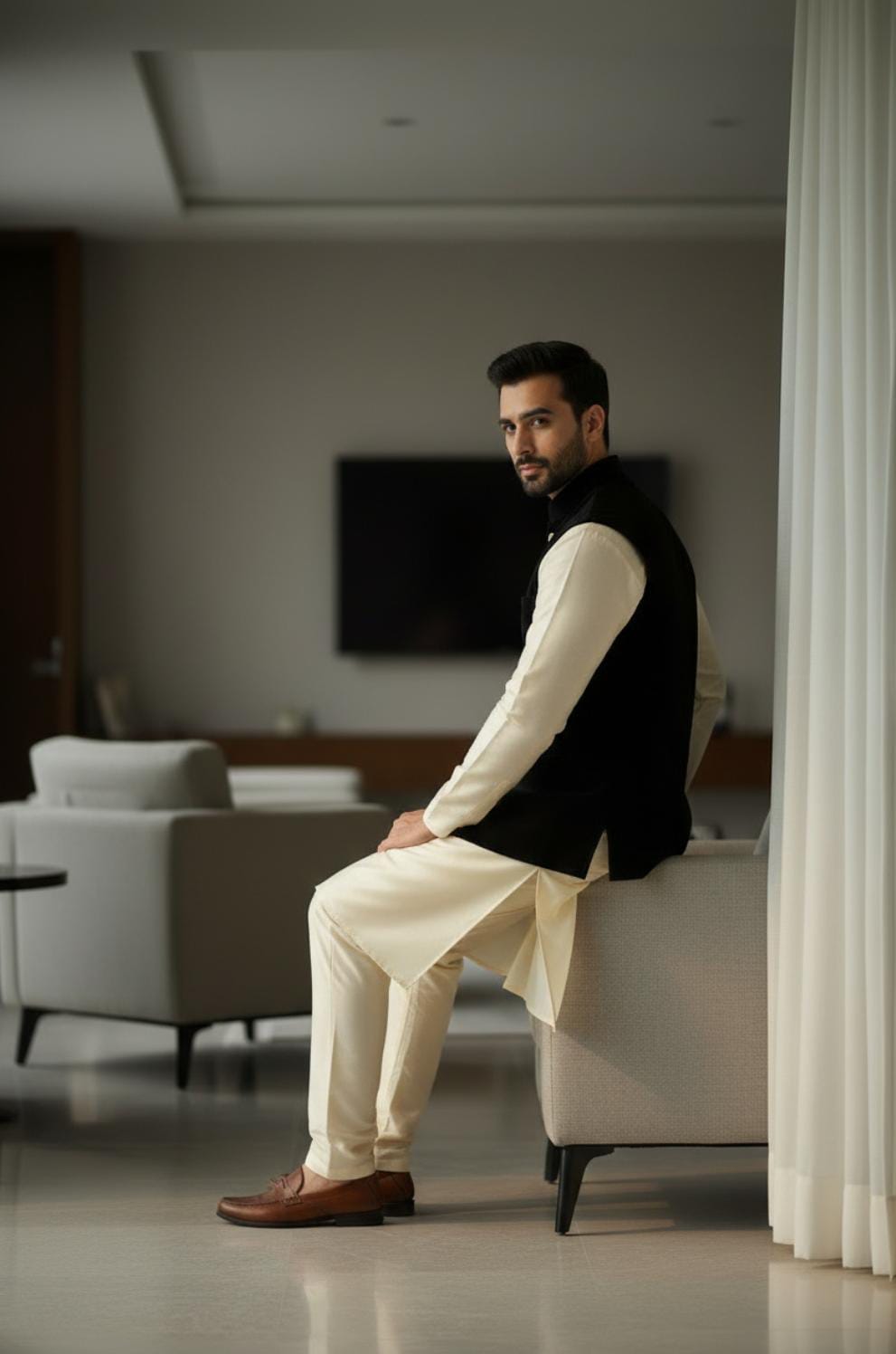 CREAM KURTA PAJAMA WITH ROYAL BLACK SWEAT WAISTCOAT