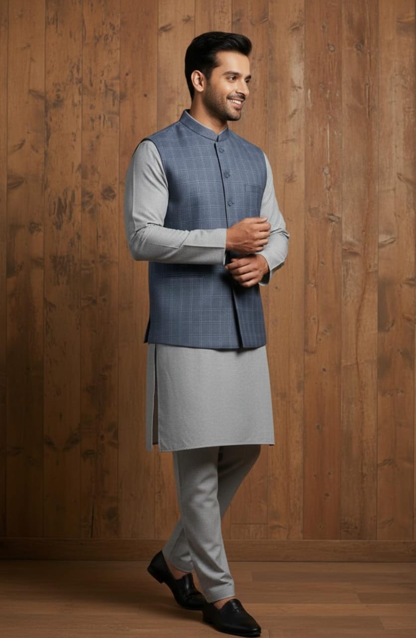 ELEGANT GREY KURTA PAJAMA WITH BLUE CHECK WAISTCOAT