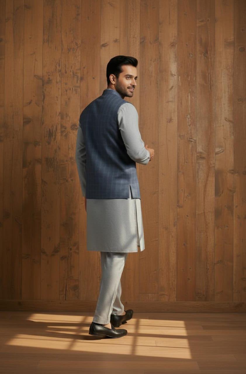 ELEGANT GREY KURTA PAJAMA WITH BLUE CHECK WAISTCOAT