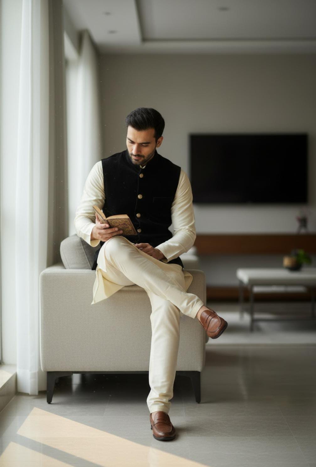 CREAM KURTA PAJAMA WITH ROYAL BLACK SWEAT WAISTCOAT