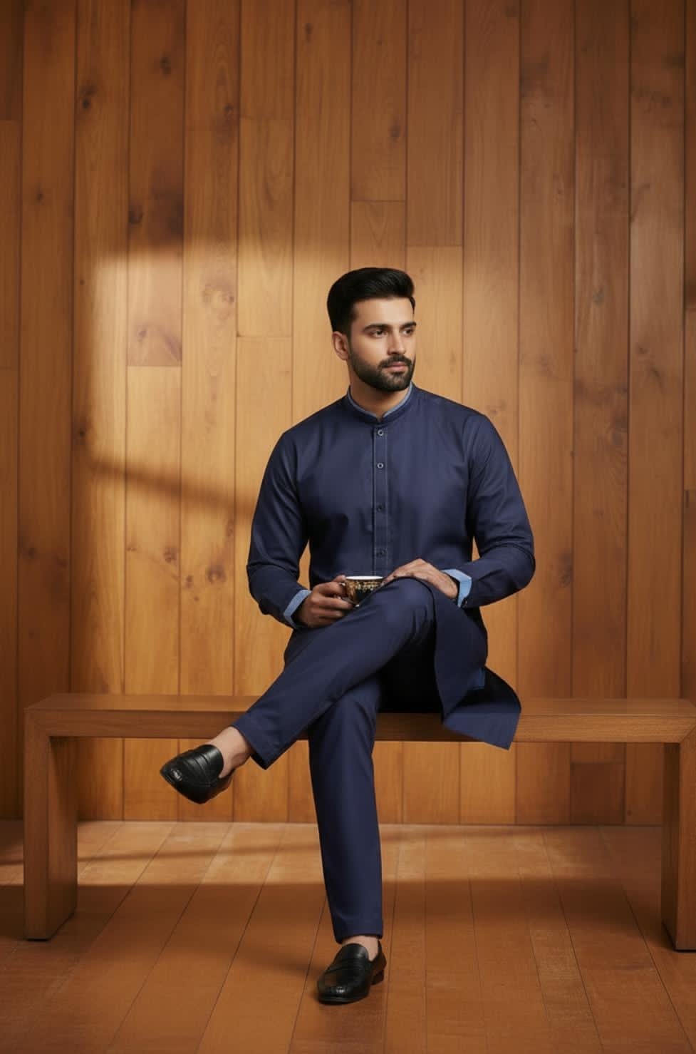 NAVY BLUE KAMEEZ SHALWAR WITH CONTRAST DETAILING
