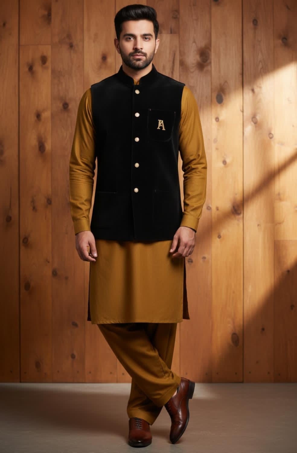 MUSTARD SHALWAR KAMEEZ WITH BLACK VELVET WAISTCOAT SUIT