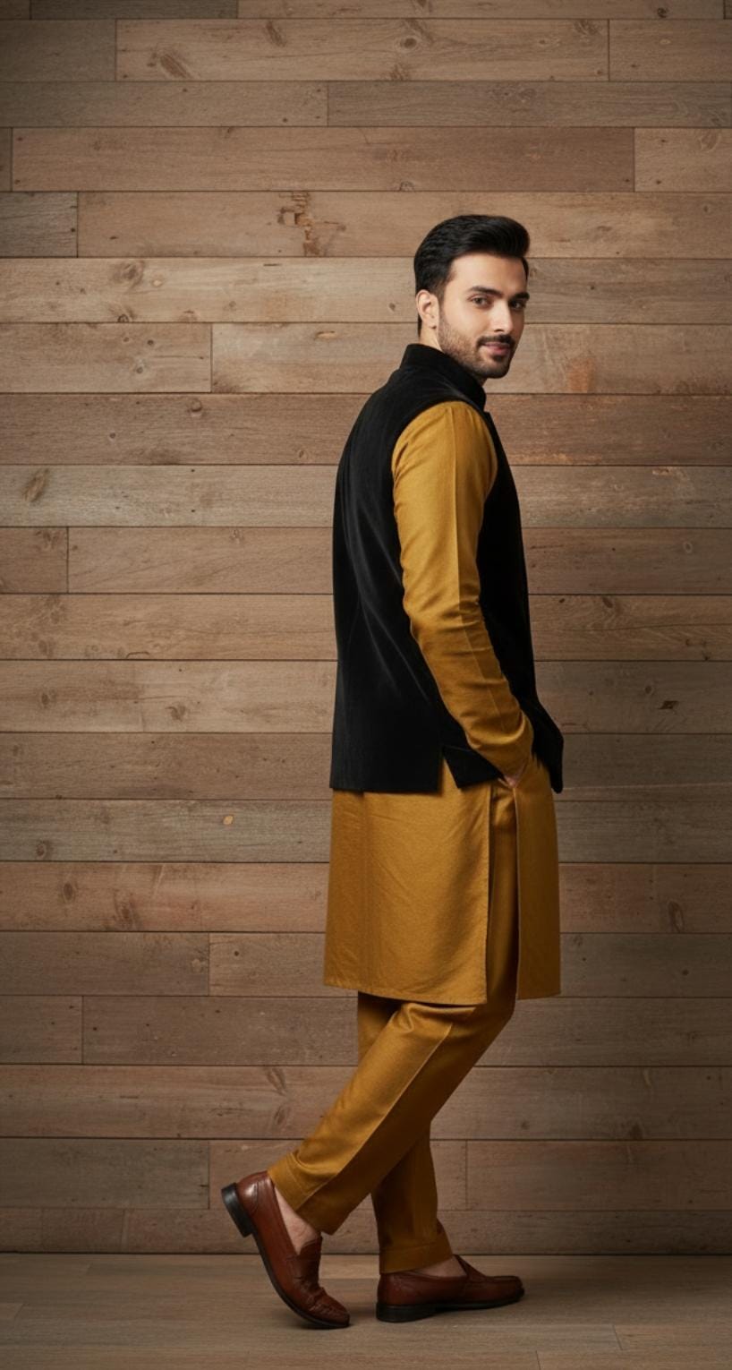 MUSTARD SHALWAR KAMEEZ WITH BLACK VELVET WAISTCOAT SUIT