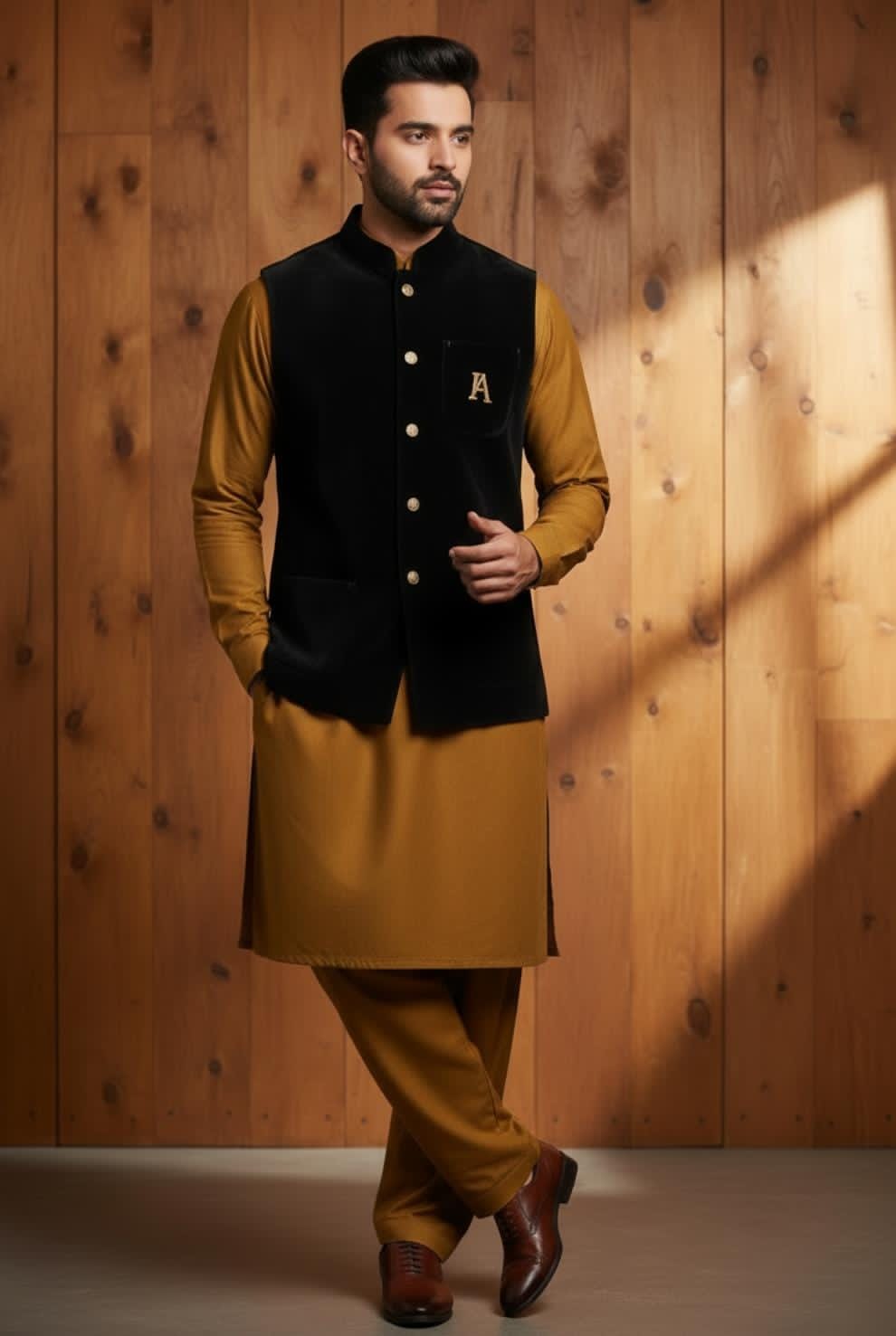 MUSTARD SHALWAR KAMEEZ WITH BLACK VELVET WAISTCOAT SUIT