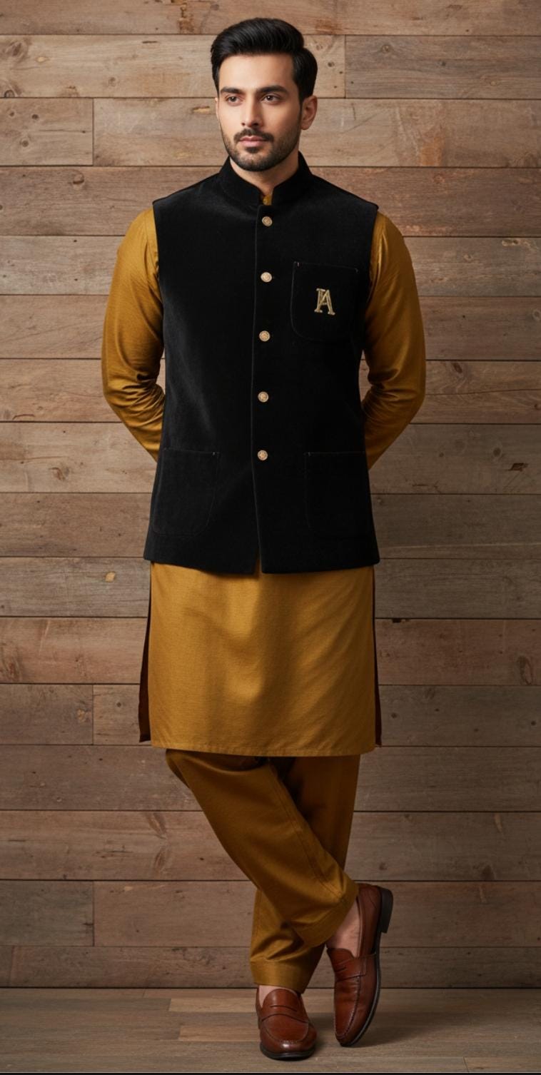 MUSTARD SHALWAR KAMEEZ WITH BLACK VELVET WAISTCOAT SUIT