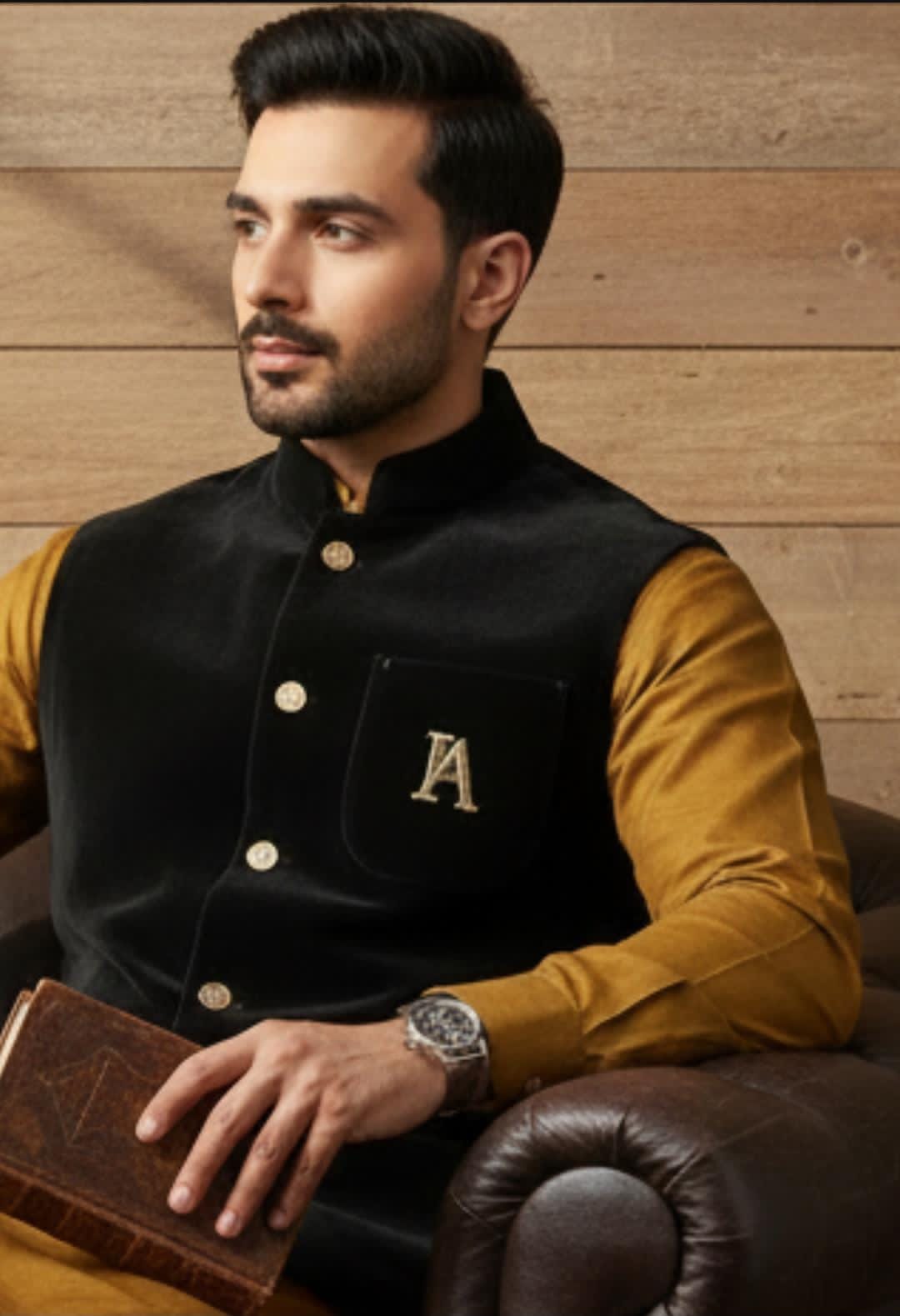 MUSTARD SHALWAR KAMEEZ WITH BLACK VELVET WAISTCOAT SUIT