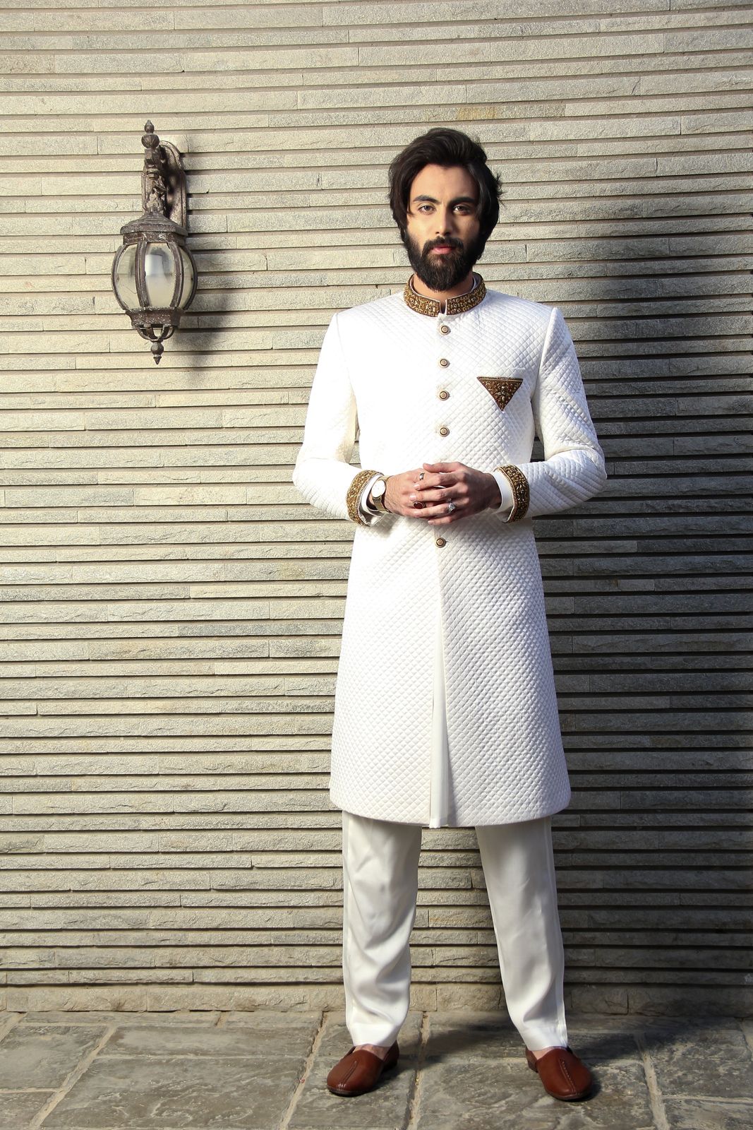 WHITE BASE SHERWANI WITH GOLD EMBROIDERY