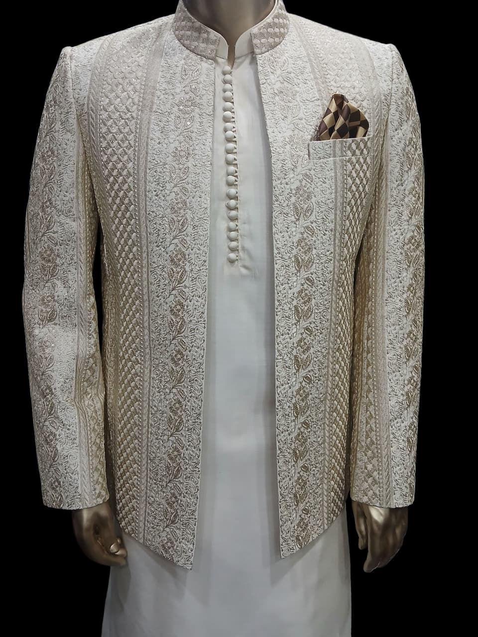 BEIGE AND IVORY EMBROIDERED FRONT OPEN  PRINCE COAT