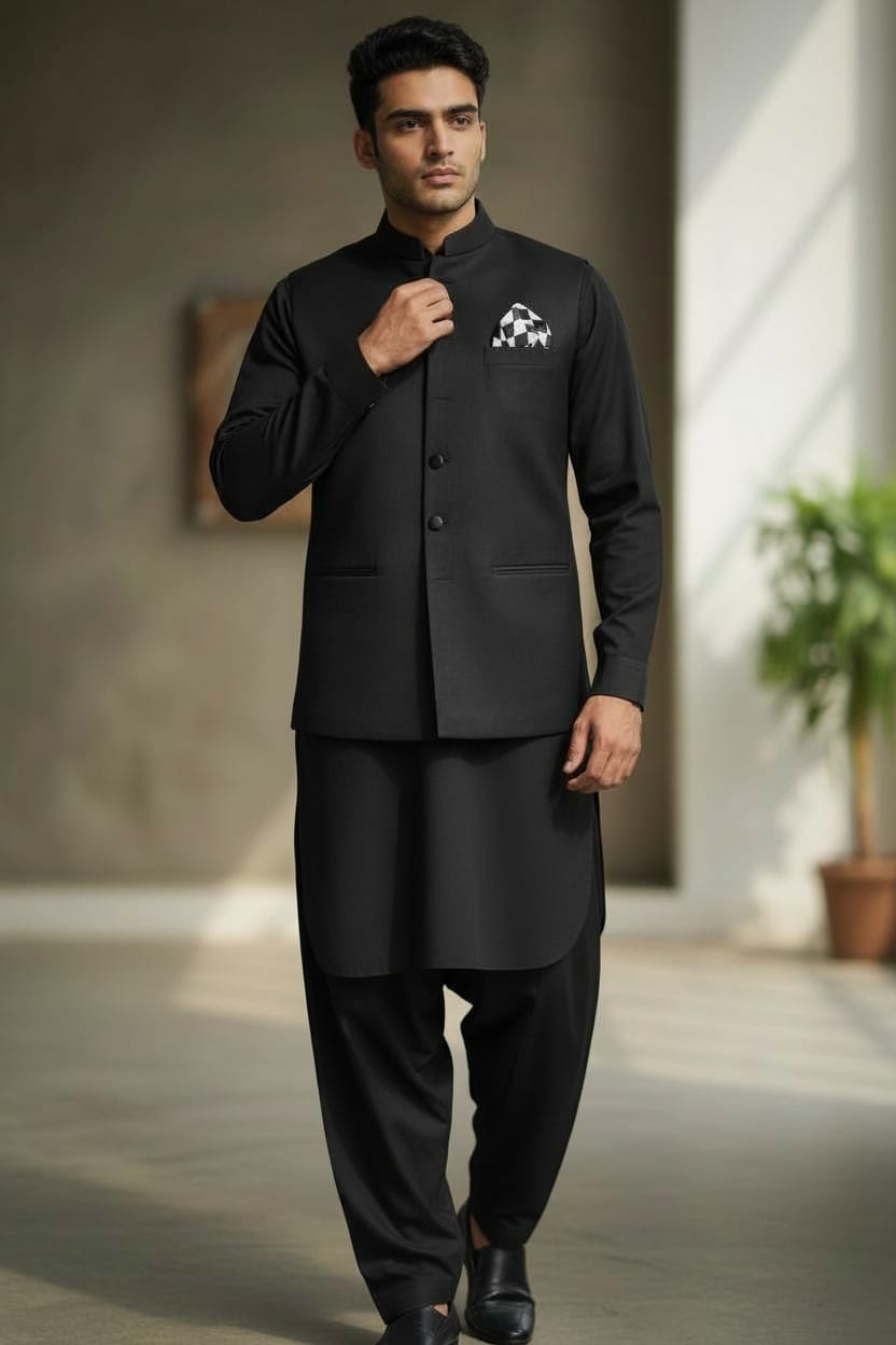 BLACK SELF EMBOSSED WAISTCOAT SUIT