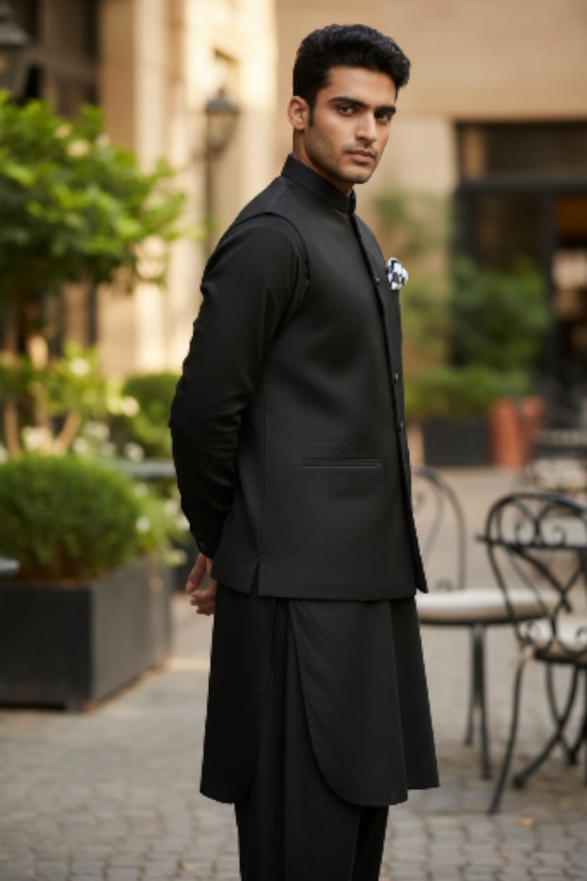 BLACK SELF EMBOSSED WAISTCOAT SUIT