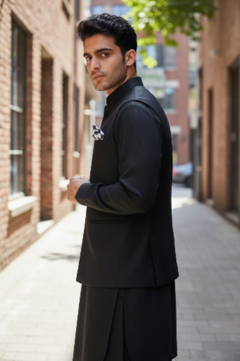 BLACK SELF EMBOSSED WAISTCOAT SUIT