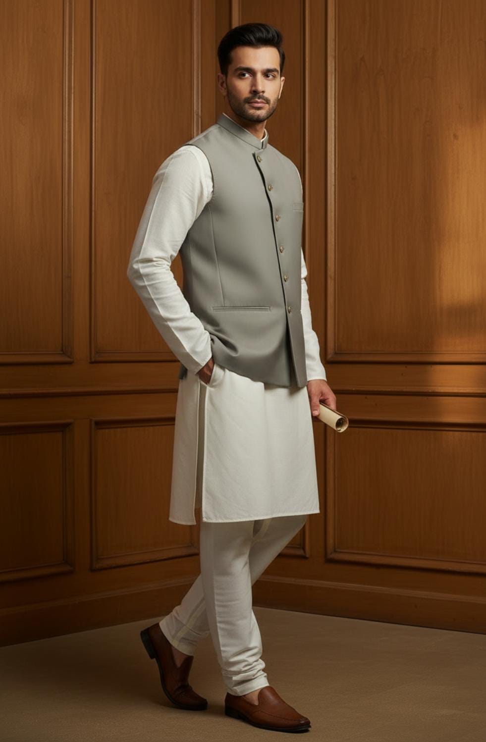 IVORY KURTA PAJAMA WITH IMPERIAL SAGE WAISTCOAT