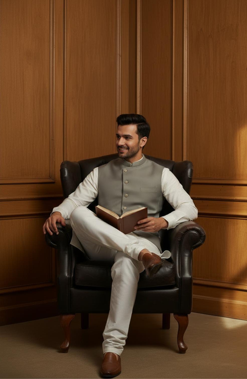 IVORY KURTA PAJAMA WITH IMPERIAL SAGE WAISTCOAT