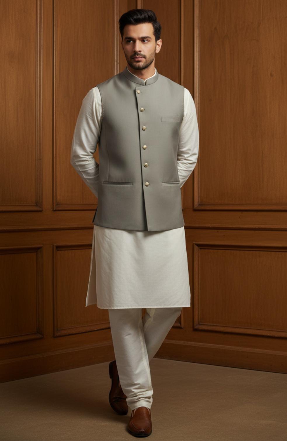 IVORY KURTA PAJAMA WITH IMPERIAL SAGE WAISTCOAT