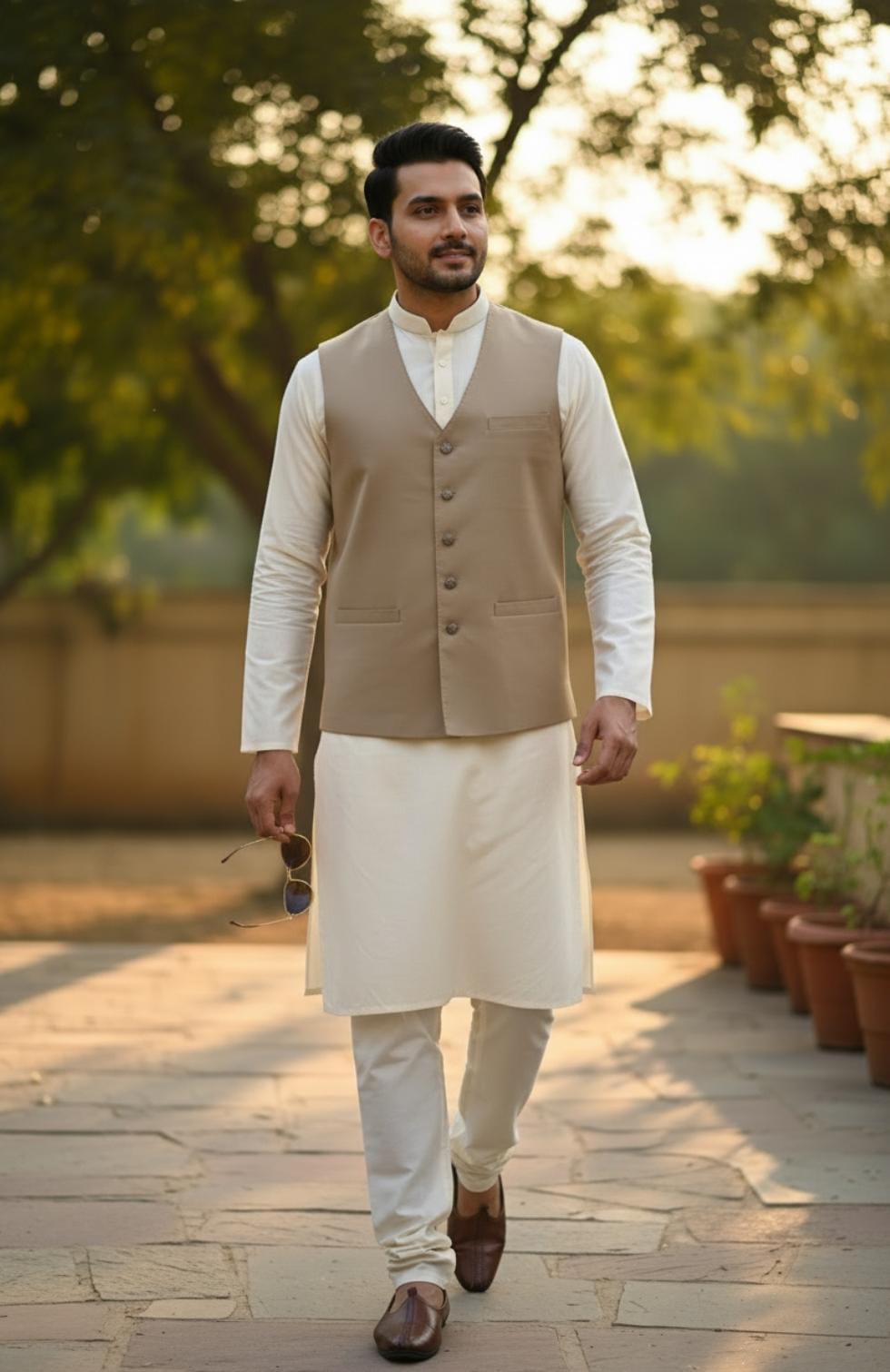 OFF WHITE KURTA PAJAMA WITH V SHAPED BEIGE WAISTCOAT