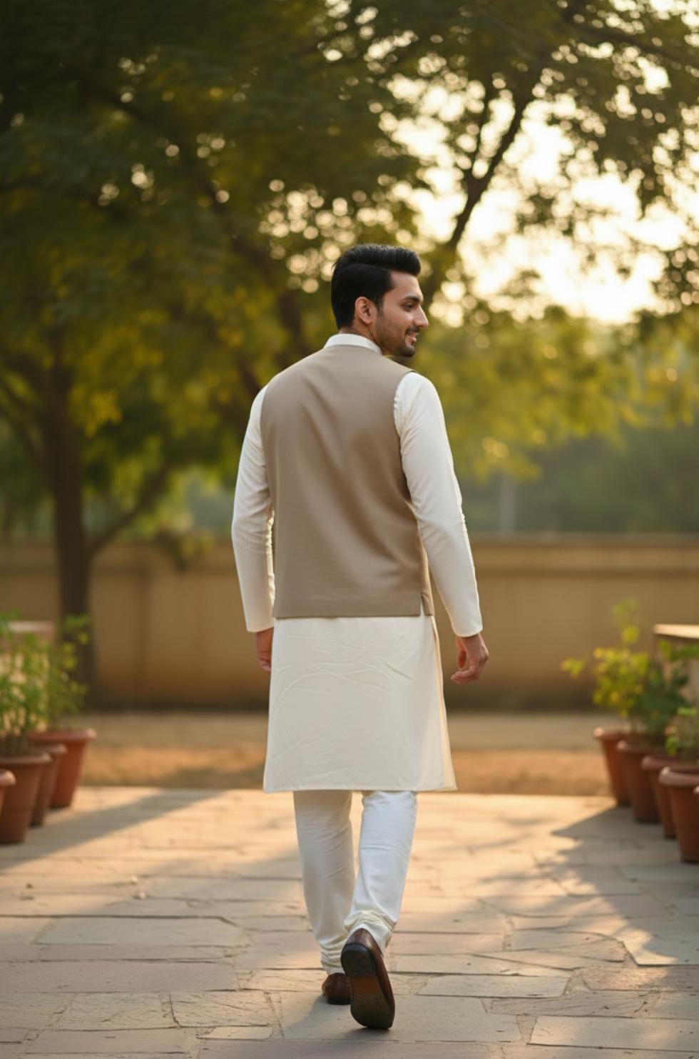 OFF WHITE KURTA PAJAMA WITH V SHAPED BEIGE WAISTCOAT