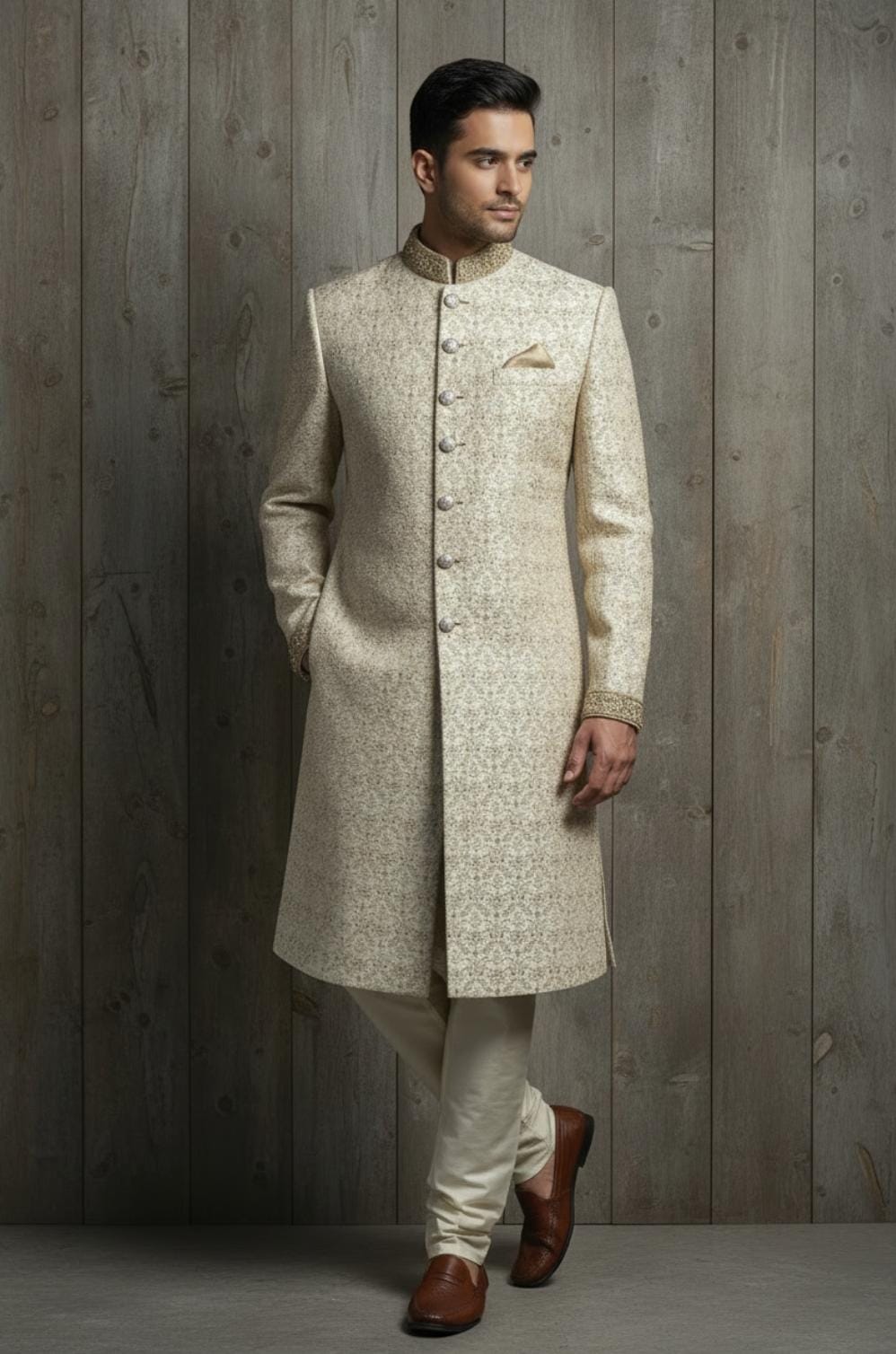 REGAL BEIGE,HAND EMBROIDERY SHERWANI.