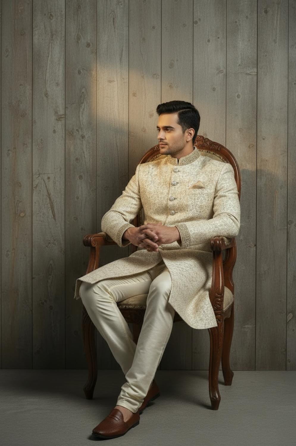 REGAL BEIGE,HAND EMBROIDERY SHERWANI.