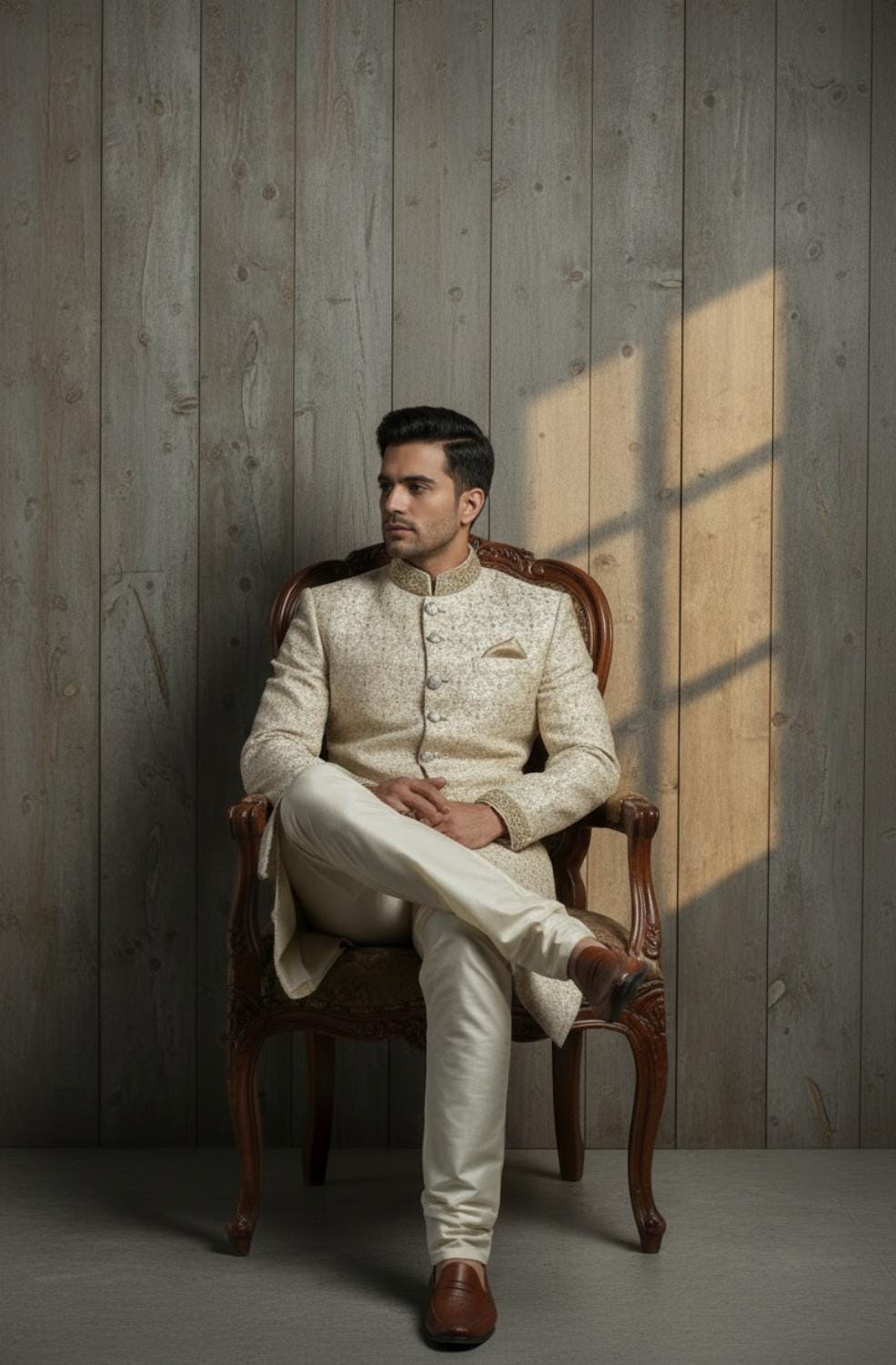 REGAL BEIGE,HAND EMBROIDERY SHERWANI.