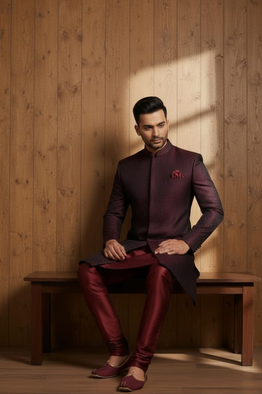 MAROON DIAMOND CUT TEXTURED SHERWANI