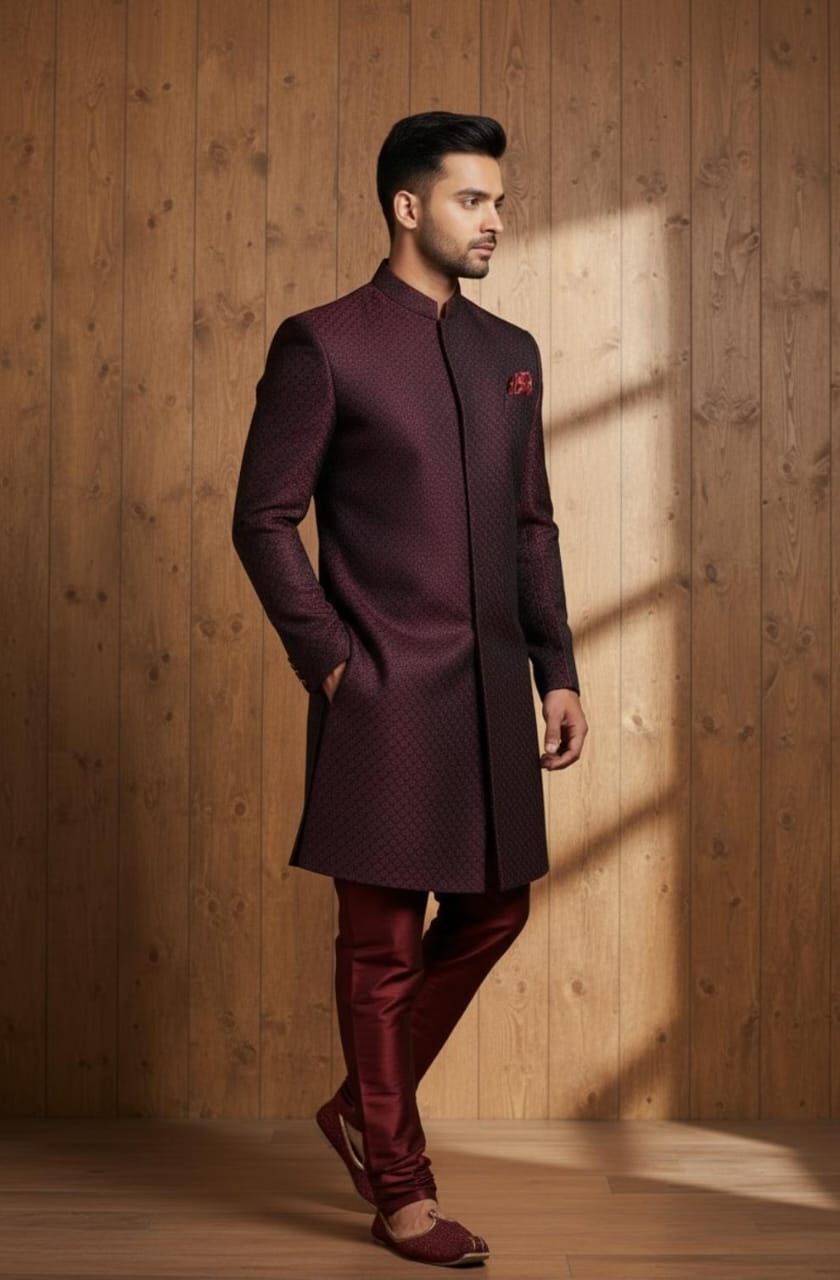 MAROON DIAMOND CUT TEXTURED SHERWANI