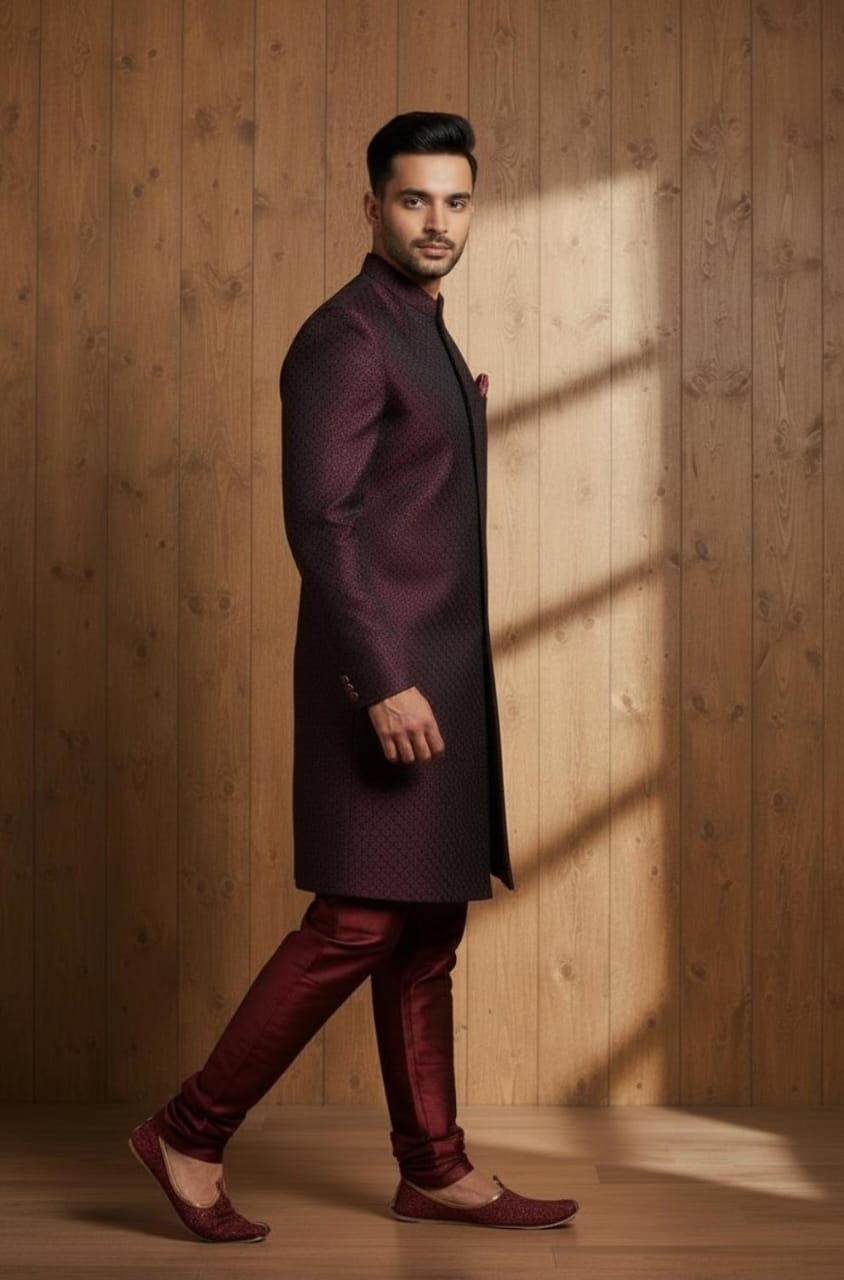 MAROON DIAMOND CUT TEXTURED SHERWANI