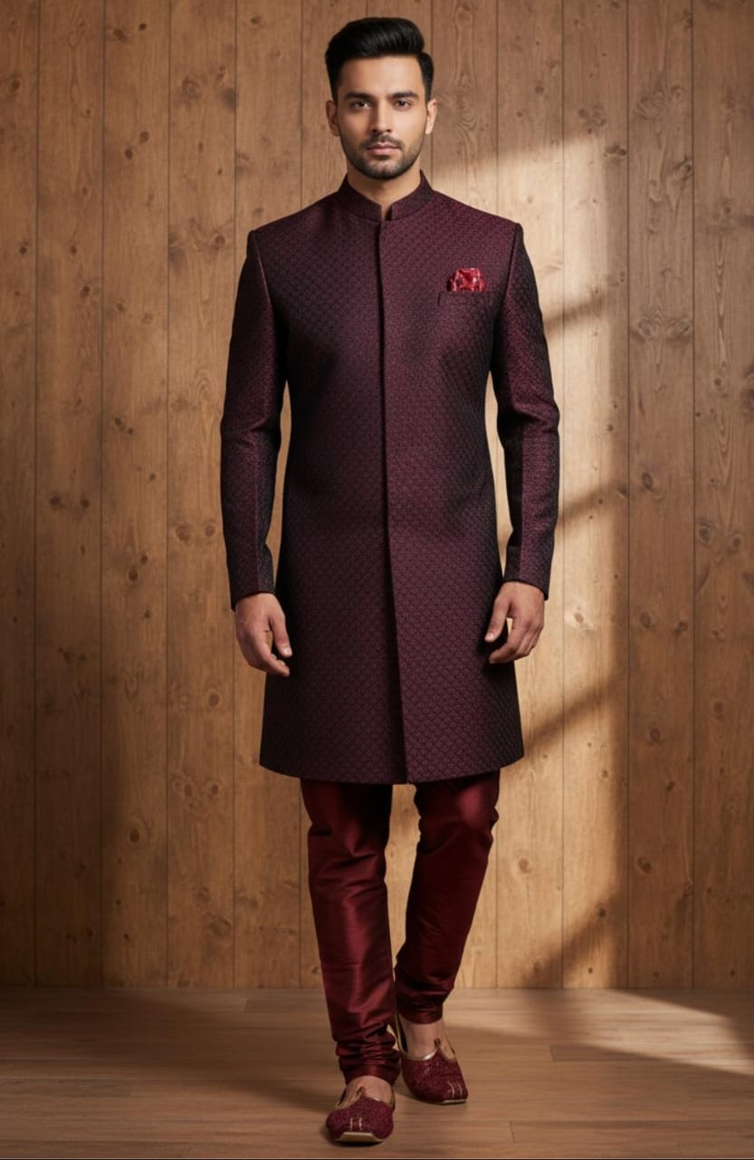 MAROON DIAMOND CUT TEXTURED SHERWANI