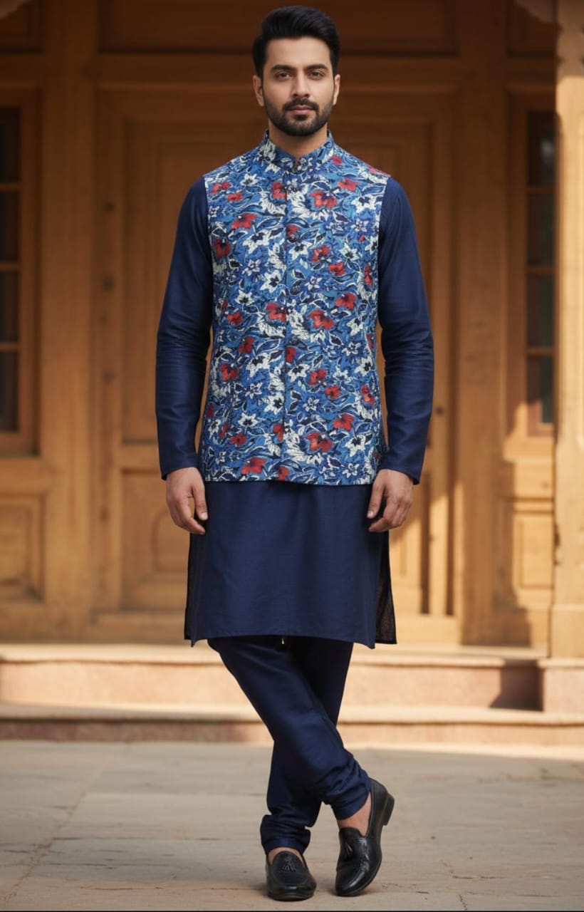 NAVY KAMEEZ SHALWAR WITH BLUE FLORAL WAISTCOAT