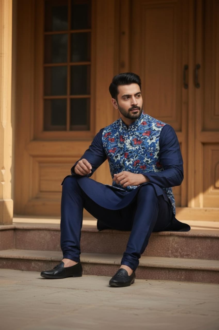 NAVY KAMEEZ SHALWAR WITH BLUE FLORAL WAISTCOAT