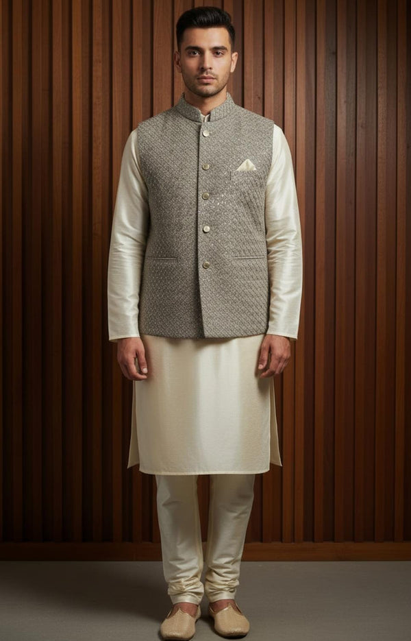 Classic Ivory Kurta Pajama with Fawn Grey Embroidered Waistcoat