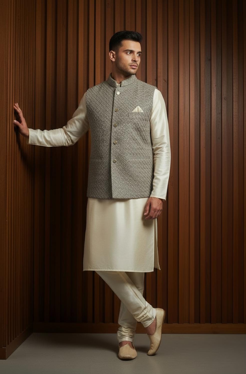 Classic Ivory Kurta Pajama with Fawn Grey Embroidered Waistcoat
