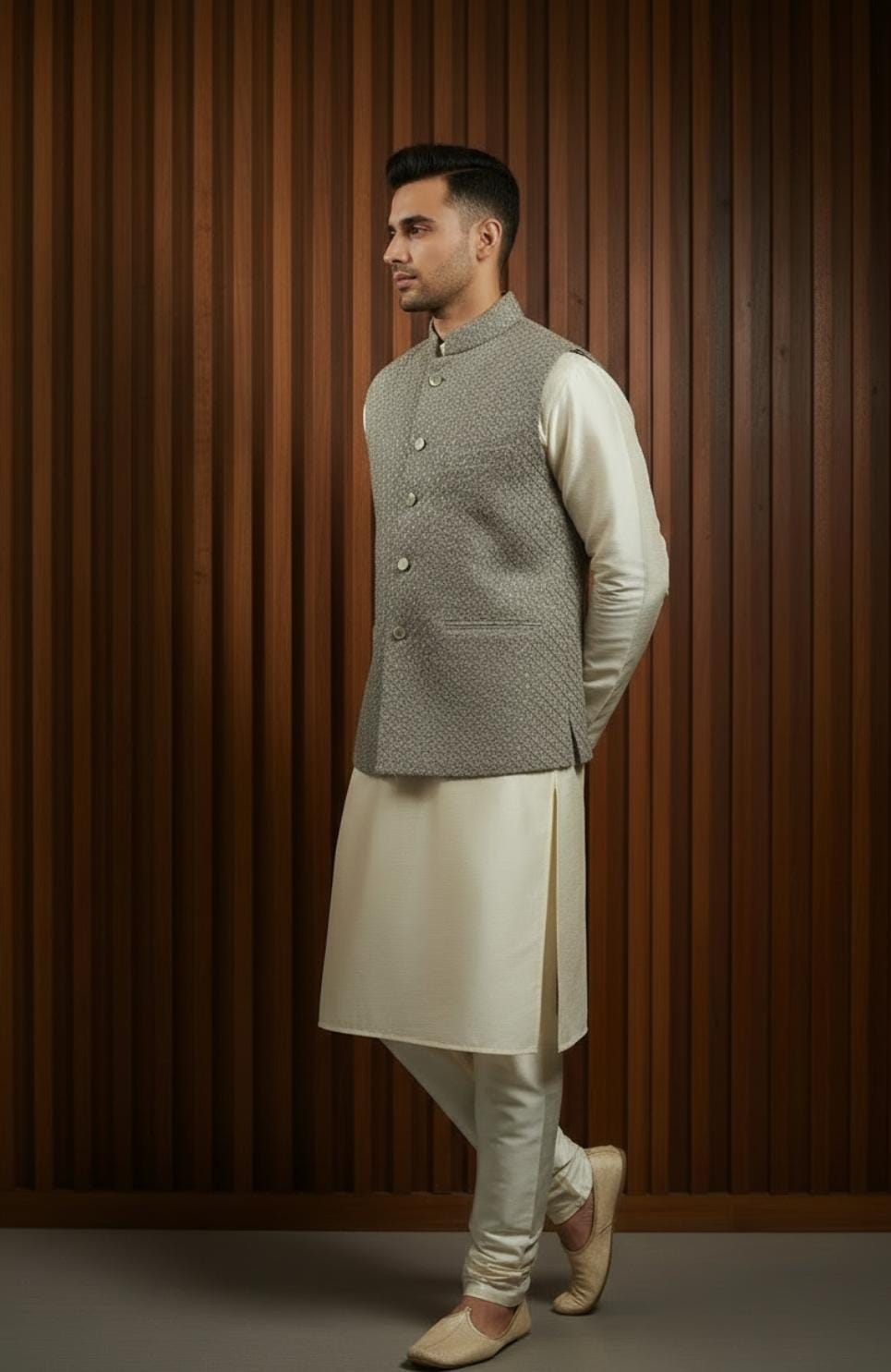 Classic Ivory Kurta Pajama with Fawn Grey Embroidered Waistcoat