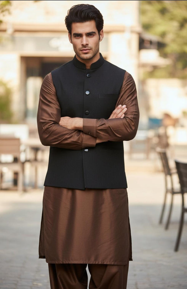 Chocolate Brown Kameez Shalwar with Dark Black Waistcoat