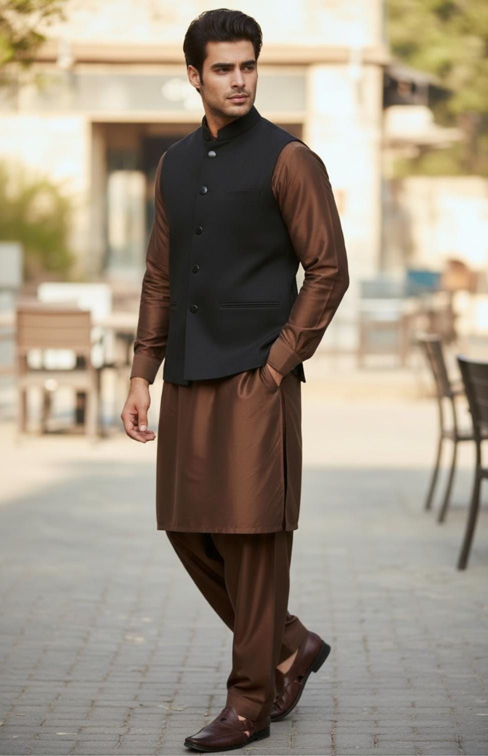 Chocolate Brown Kameez Shalwar with Dark Black Waistcoat