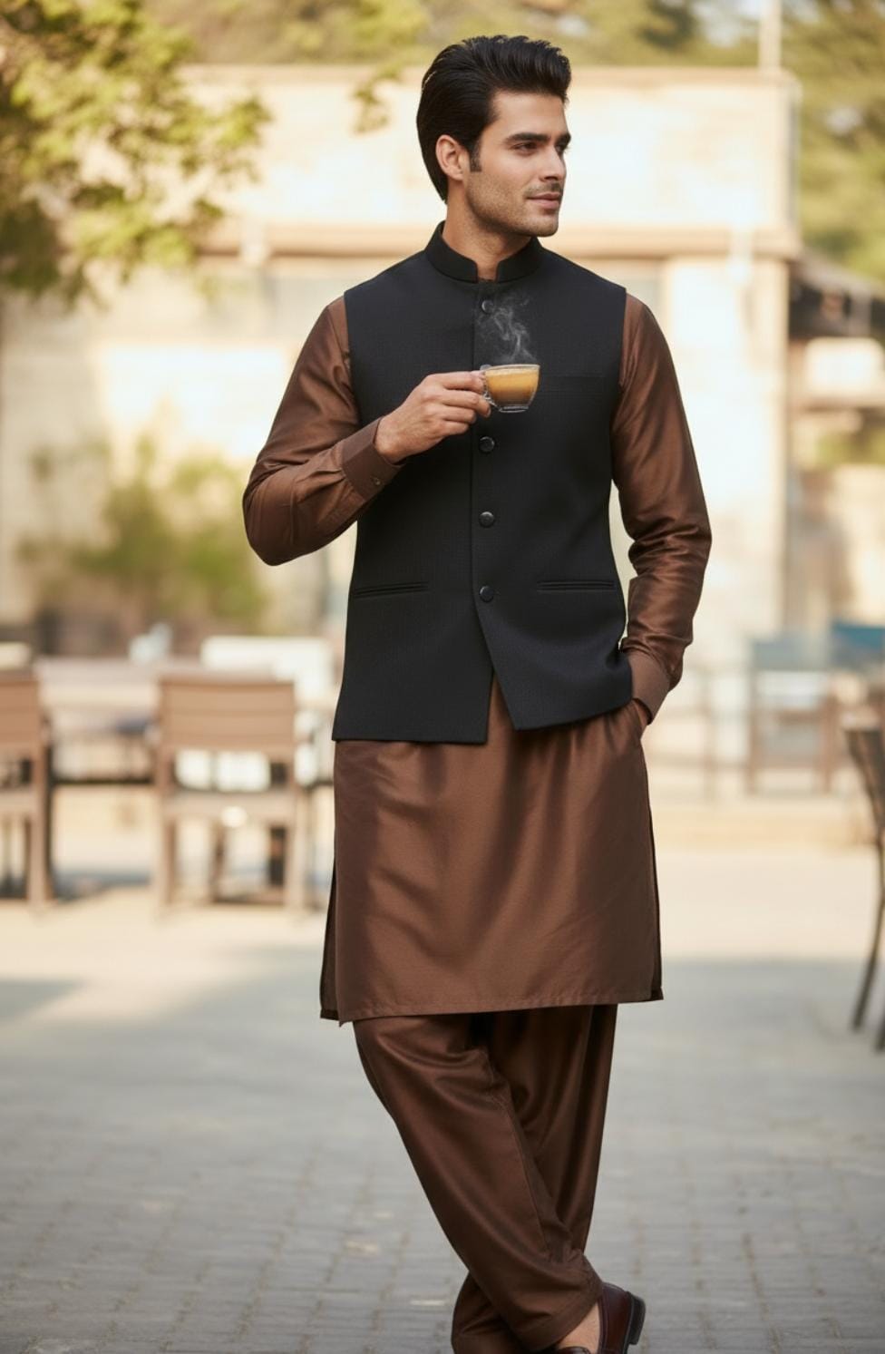 Chocolate Brown Kameez Shalwar with Dark Black Waistcoat