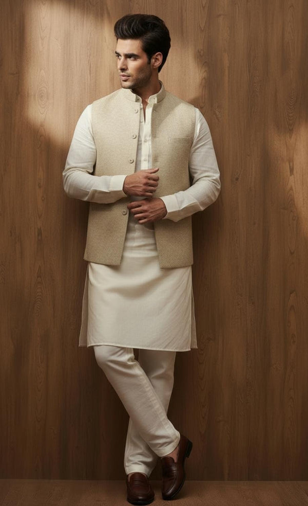 Boksi Kurta Pajama With Beige Waistcoat