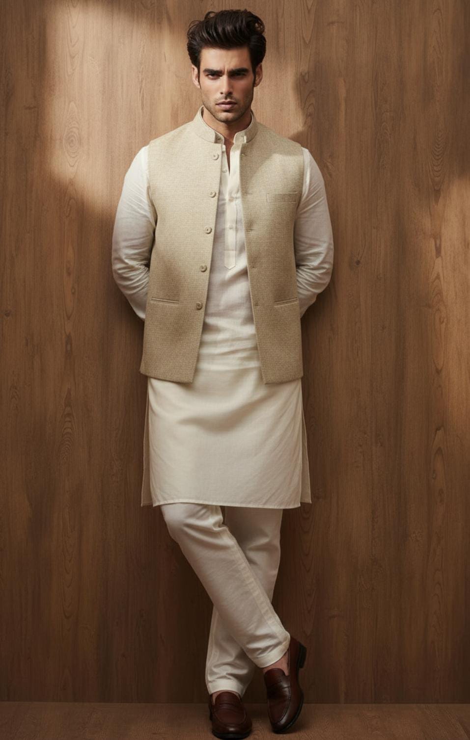 Boksi Kurta Pajama With Beige Waistcoat