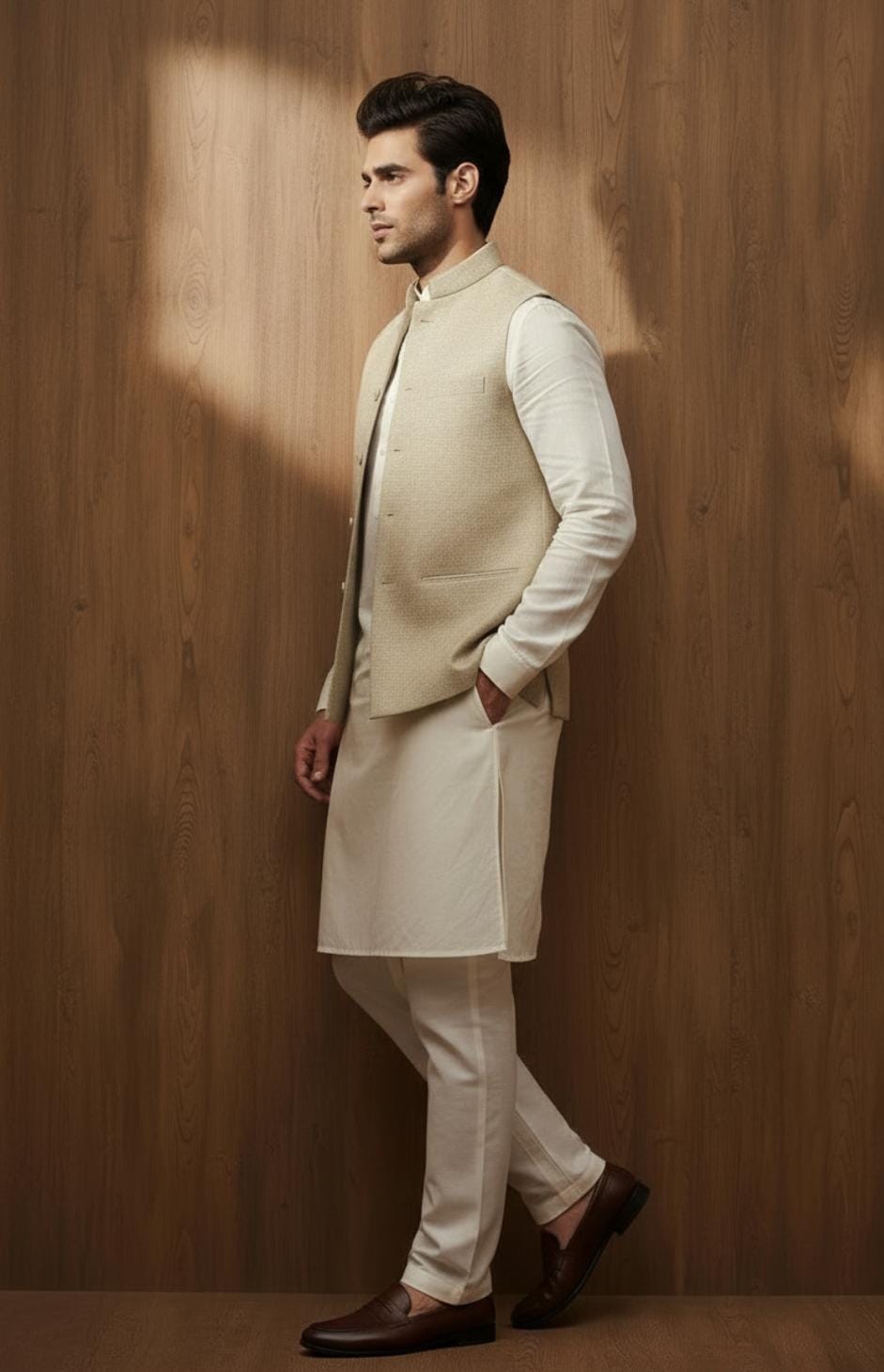 Boksi Kurta Pajama With Beige Waistcoat