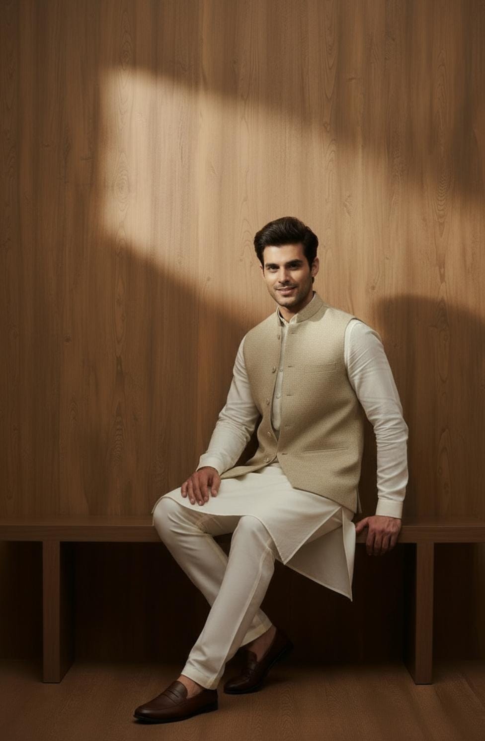 Boksi Kurta Pajama With Beige Waistcoat