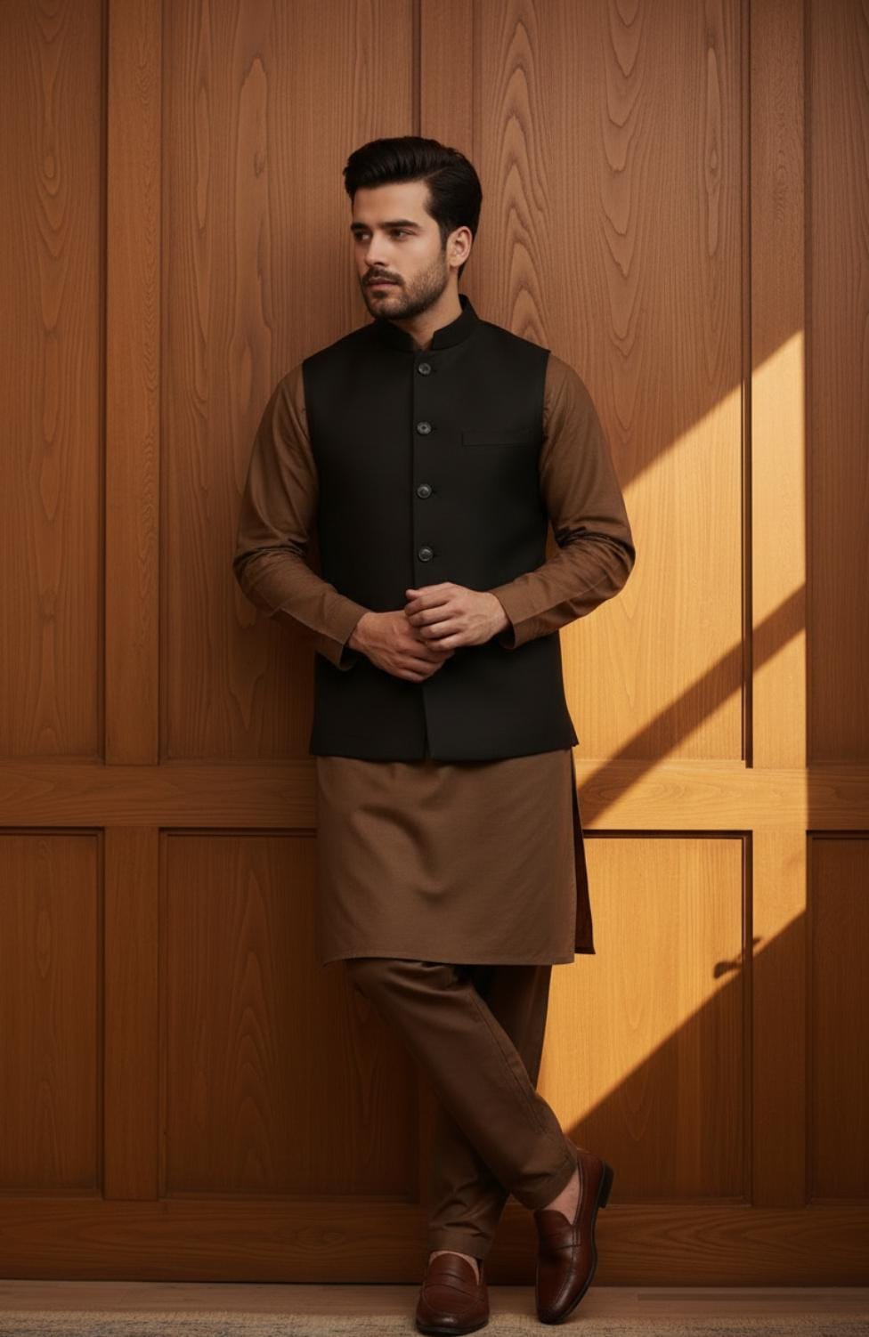 Mustard Brown Kurta Pajama with Black Waistcoat