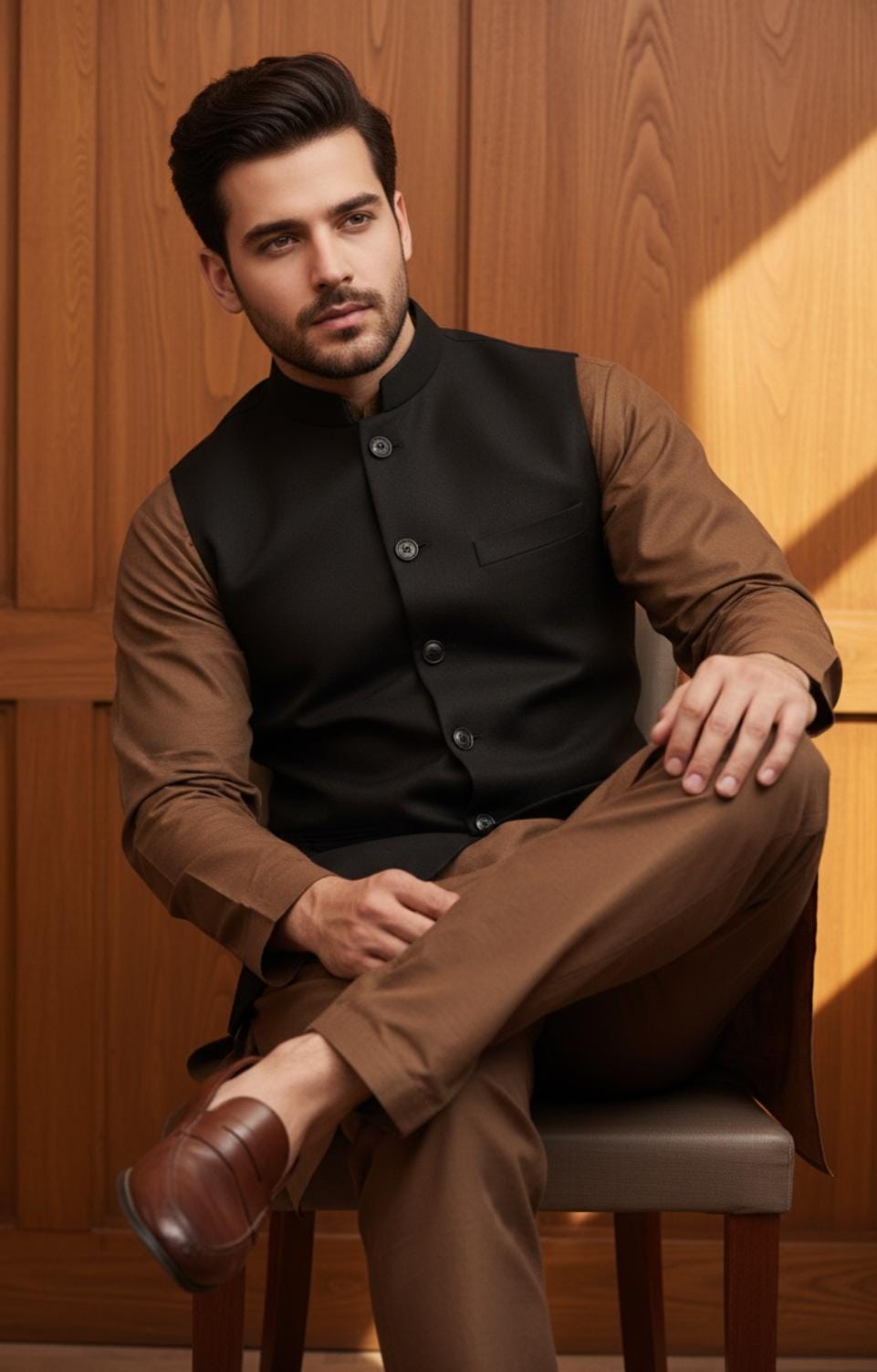 Mustard Brown Kurta Pajama with Black Waistcoat